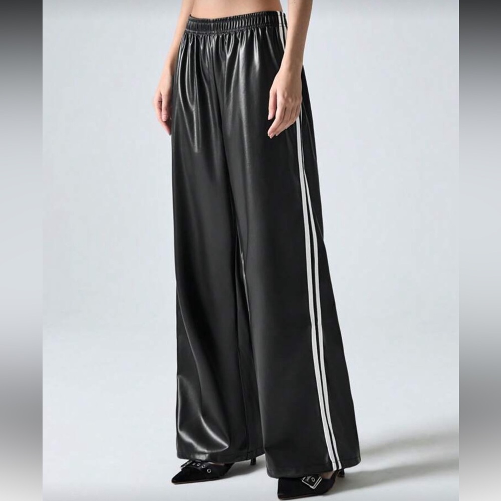 SHEIN Black Wide-Leg Joggers with White Stripes